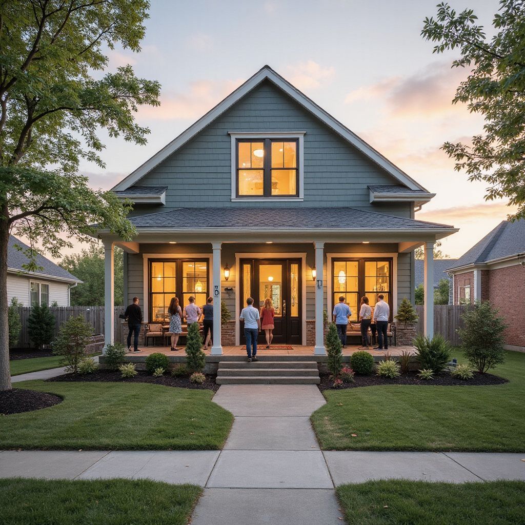 A group of people gathers on the porch of a blue house with windows, grass, and trees.