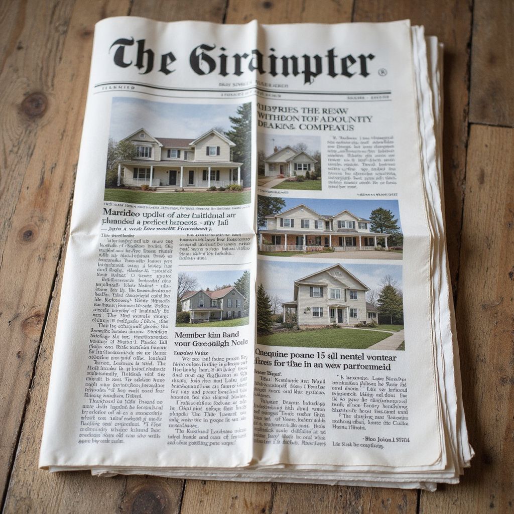 A newspaper showing four photos of houses on the front page, resting on a wood surface.