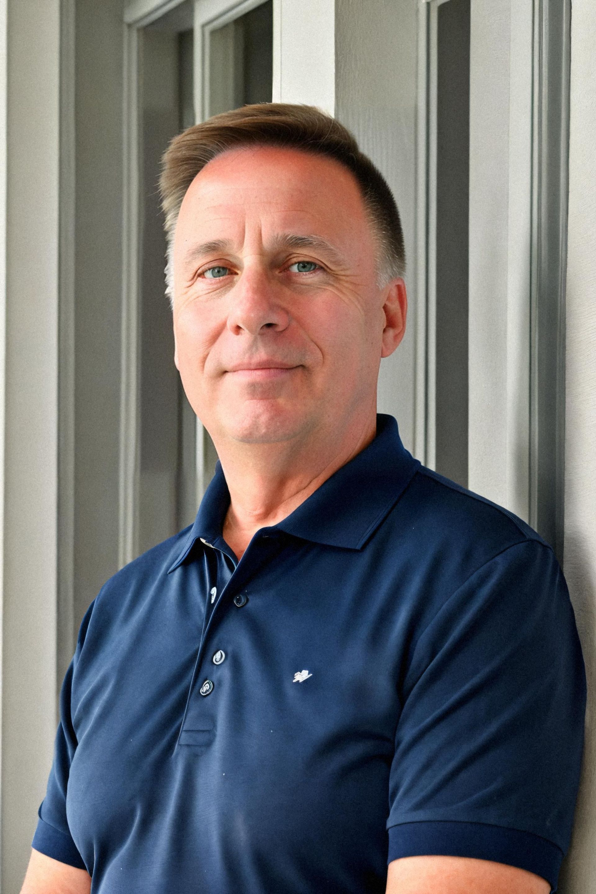 A man in a blue polo shirt is leaning against a wall.
