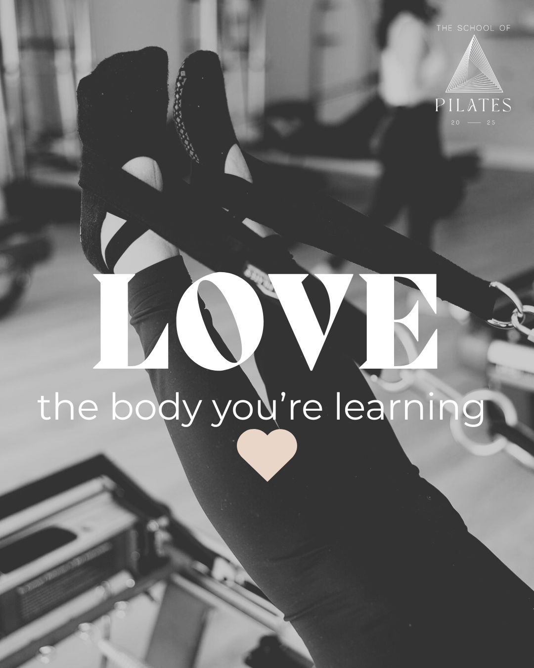 Pilates workout. Legs in straps, text 