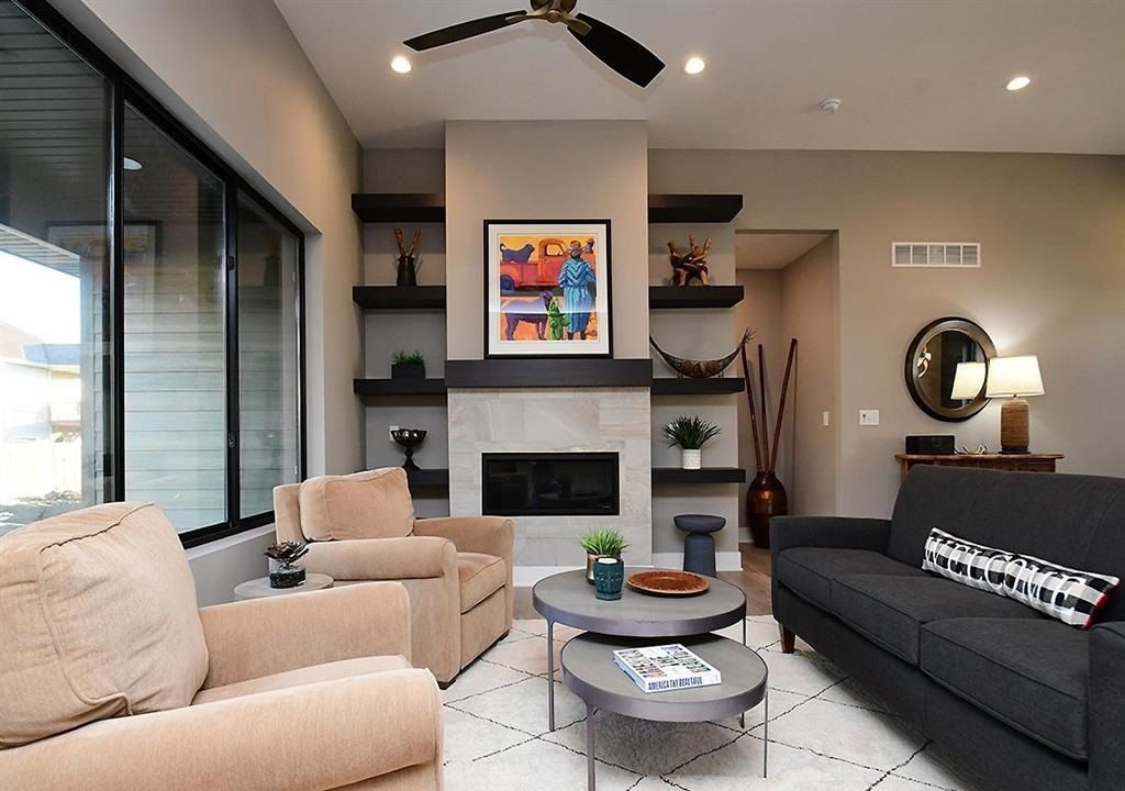 Modern Living Room With Fireplace.