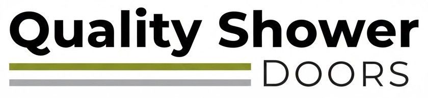 The words "Quality Shower" in large black text above "DOORS" in smaller grey text, with green and grey lines underneath.