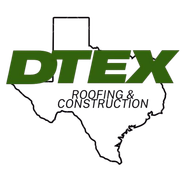 Logo for DTEX Roofing & Construction: Green text "DTEX" over outline of Texas, with "ROOFING & CONSTRUCTION" below.