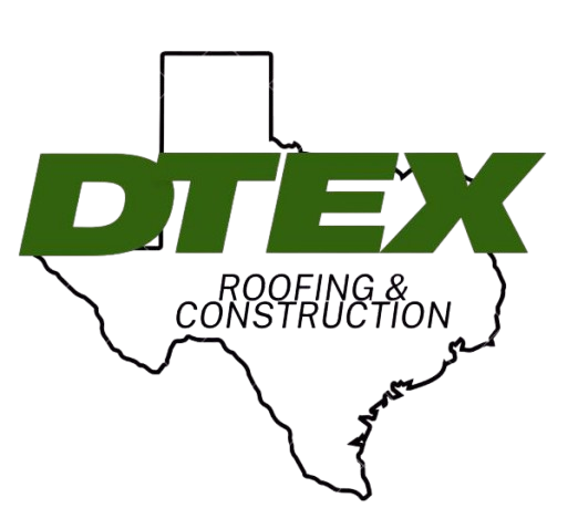 Logo for DTEX Roofing & Construction: Green text "DTEX" over outline of Texas, with "ROOFING & CONSTRUCTION" below.