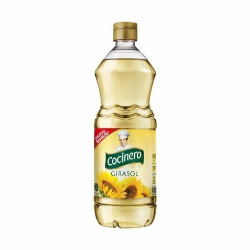 Botella de aceite de girasol Cocinero con etiqueta amarilla y tapón dorado sobre fondo blanco.