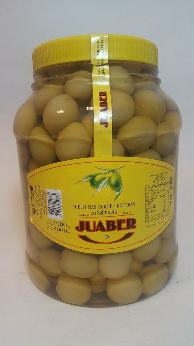 Tarro de aceitunas amarillo-verdosas con etiqueta y tapa amarillas sobre fondo blanco.