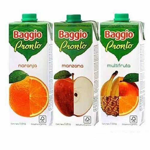 Tres envases de zumo Baggio Pronto: sabores naranja, manzana y frutas mixtas.