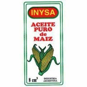 Etiqueta para el aceite de maíz INYSA con la ilustración de una mazorca de maíz, en rojo y verde sobre fondo blanco.