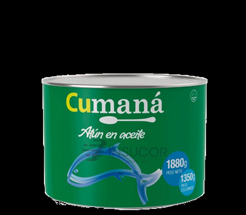 Lata de atún Cumaná en aceite, etiqueta verde con texto amarillo sobre fondo negro.