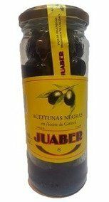 Tarro de aceitunas negras con etiqueta amarilla y tapa negra.