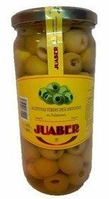 Tarro de aceitunas verdes con etiqueta amarilla y tapa negra, marca Juabel.