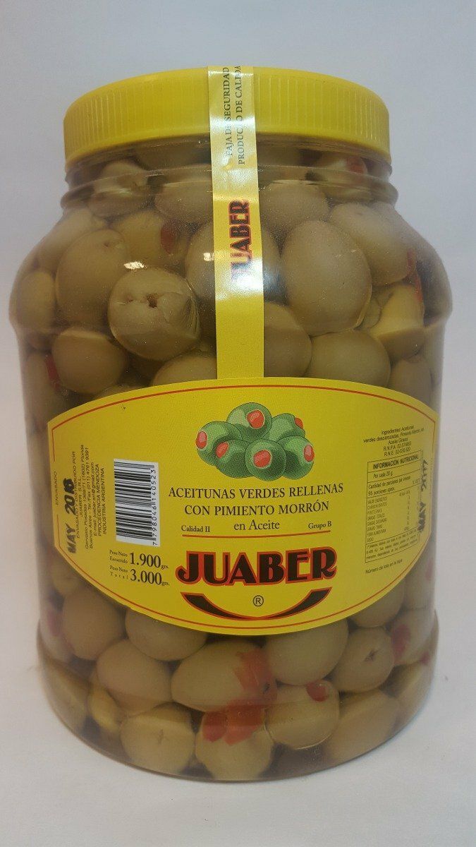 Tarro de aceitunas verdes encurtidas con tapa y etiqueta amarillas.