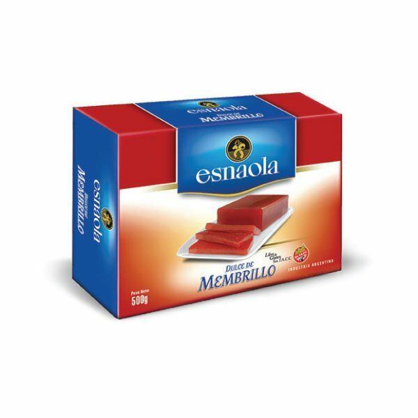 Caja de dulces Esnaola membrillo, empaque azul y rojo con ilustración de membrillo en rodajas
