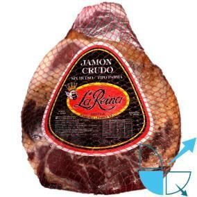 Jamón crudo envasado con etiqueta roja, negra y dorada sobre fondo blanco.