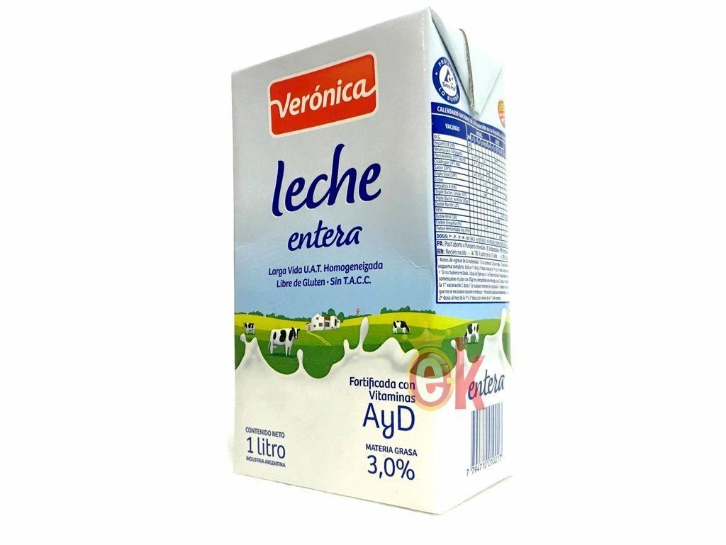Cartón de leche entera Verónica, azul y blanco con diseño de fondo verde, 1 litro, 3,0% de grasa.