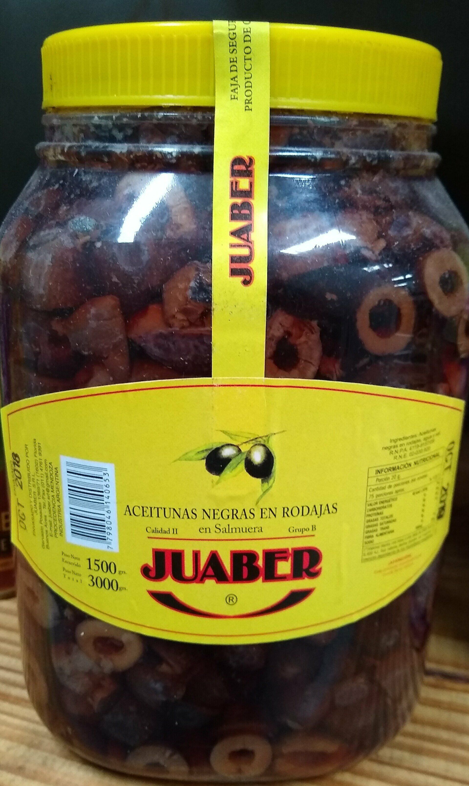 Tarro de aceitunas negras con tapa amarilla, etiqueta y correa de JUABER de color amarillo brillante.