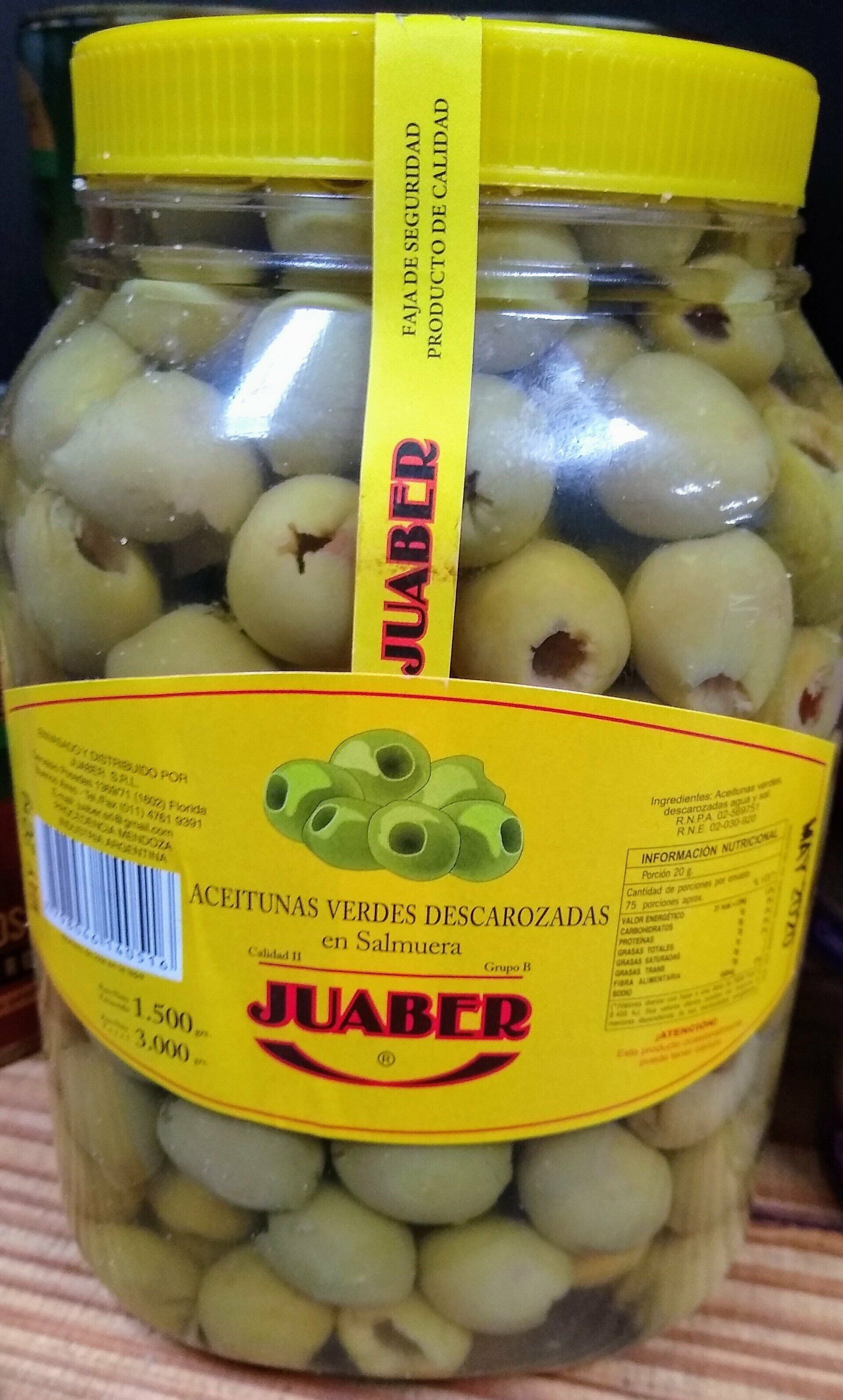 Tarro de aceitunas verdes rellenas con etiqueta y tapa amarillas, marca JUABER