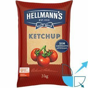 Bolsa de ketchup Hellmann's con tomates, envase rojo, etiqueta de 3 kg y texto sin colorantes artificiales