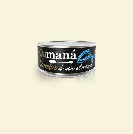 Lata negra de lomitos de atún al natural de Cumaná con gráfico de pez azul