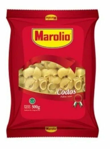 Paquete de snacks Red Marlino Codos con trozos de pasta amarilla visibles a través de una ventana transparente.