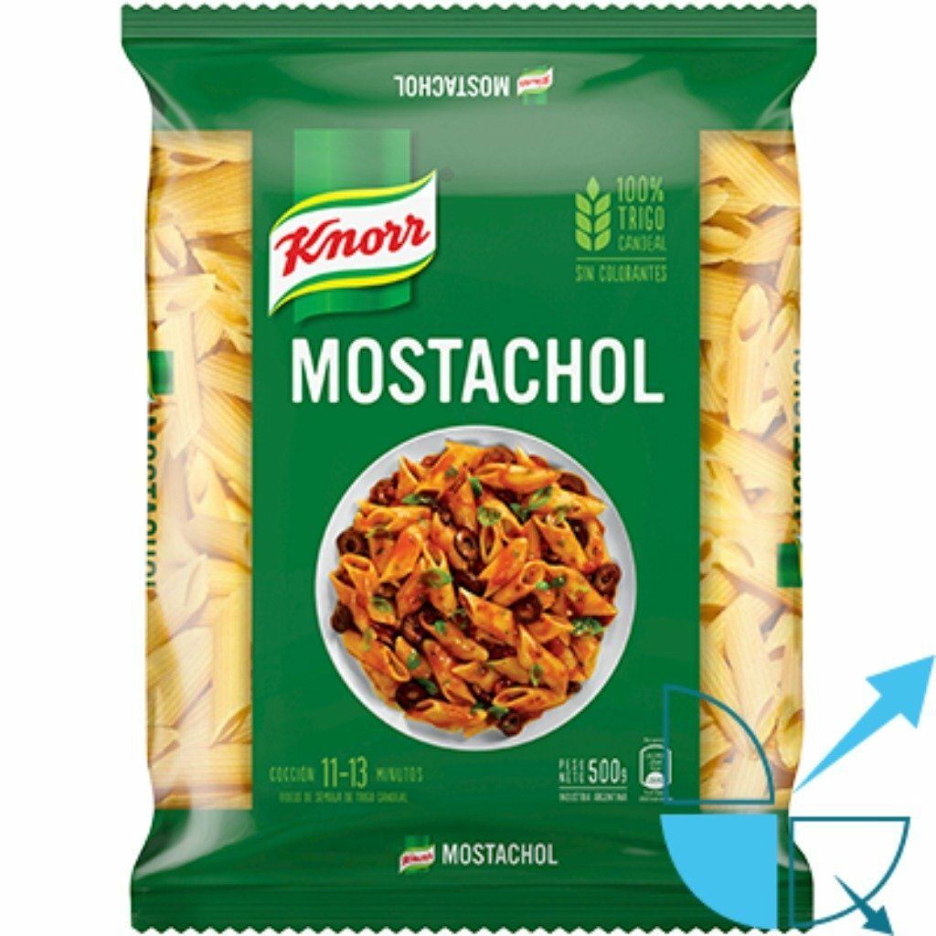 Paquete de pasta Knorr Mostachol verde con un tazón de pasta preparada en la parte frontal.