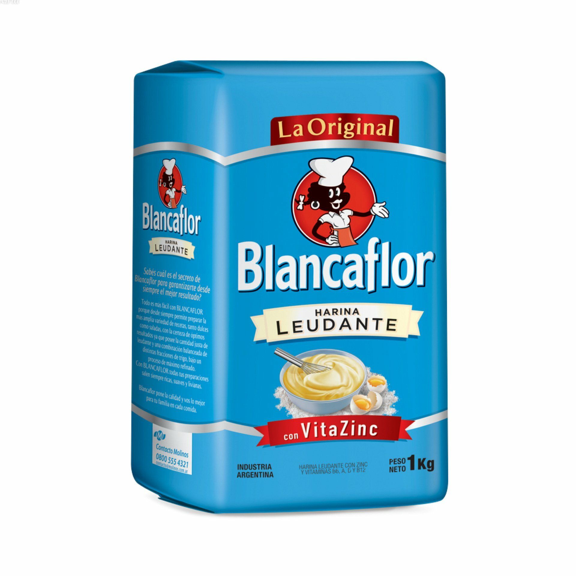 Bolsa azul de 1 kg de harina Blanclor con logo rojo y mascota de chef blanca en la parte frontal.