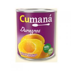 Lata de Cumana duraznos con etiqueta morada y mitades de durazno mostradas en el frente.