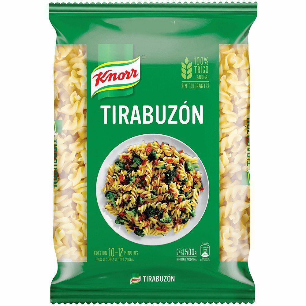 Paquete de pasta Knorr Tirabuzón verde con un plato de pasta en el frente.