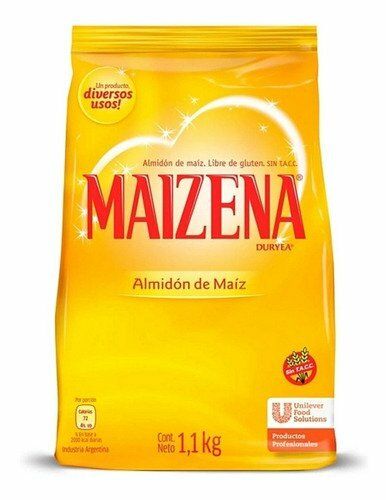 Bolsa amarilla de almidón de maíz Maizena con un gran logotipo rojo y el texto “Almidón de Maíz”.