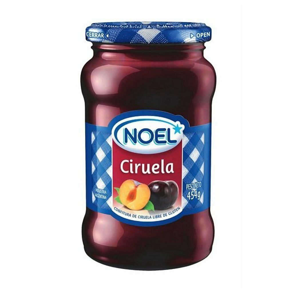 Tarro de mermelada de ciruelas NOEL con etiqueta azul y contenido morado oscuro.