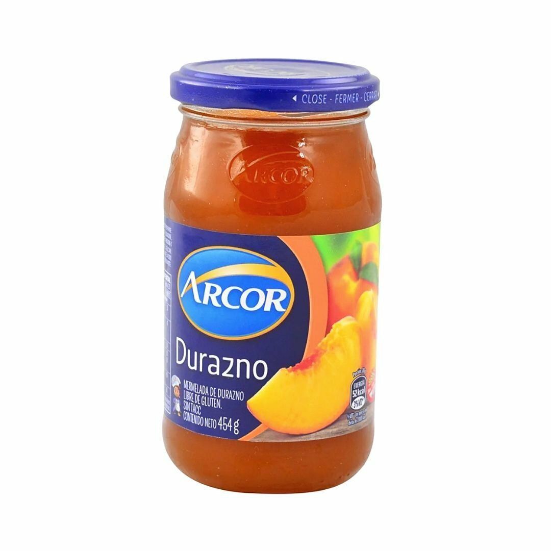 Tarro de conserva de melocotón Arcor Durazno con tapa y etiqueta azules sobre fondo blanco.