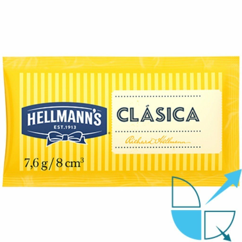 Sobre amarillo de mayonesa Hellmann's Clásica con logo azul y etiqueta de 7,6 g