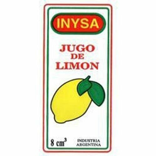 Etiqueta del envase de zumo de limón INYSA con limón amarillo y hojas verdes sobre fondo blanco.