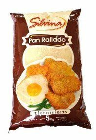 Bolsa marrón de pan rallado Silvrina pan rallado con comida frita y huevo en la parte delantera.