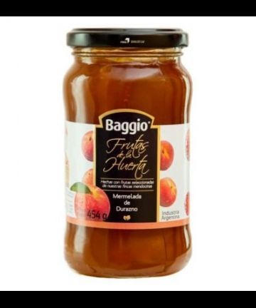 Tarro de mermelada de melocotón Baggio con conservas color ámbar y tapa negra.