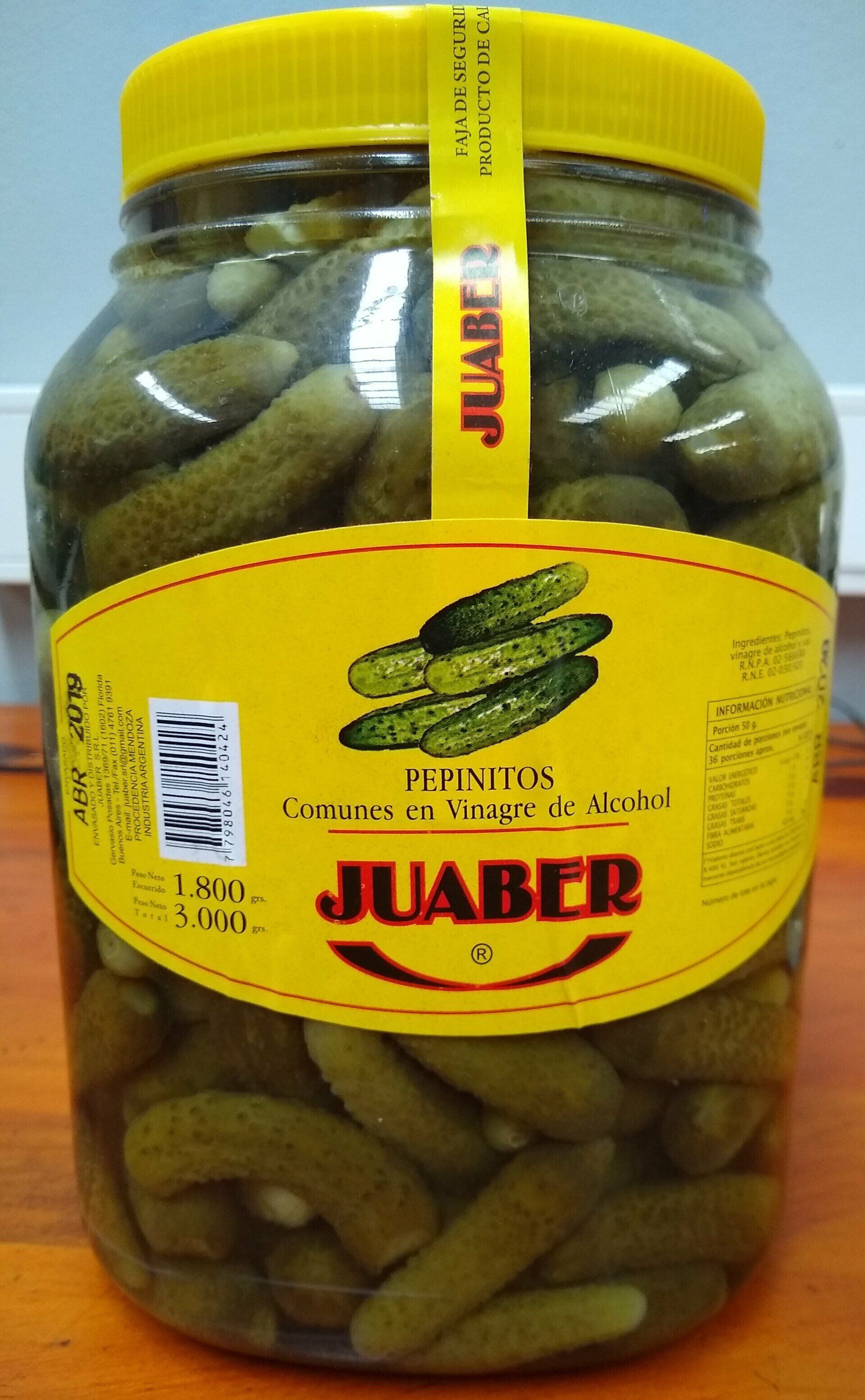 Tarro de pepinillos encurtidos JUABER con tapa y etiqueta amarillas.