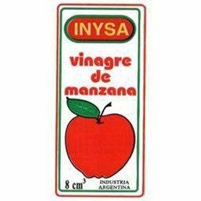 Label de vinagre de manzana INYSA con una manzana roja y texto verde y rojo.