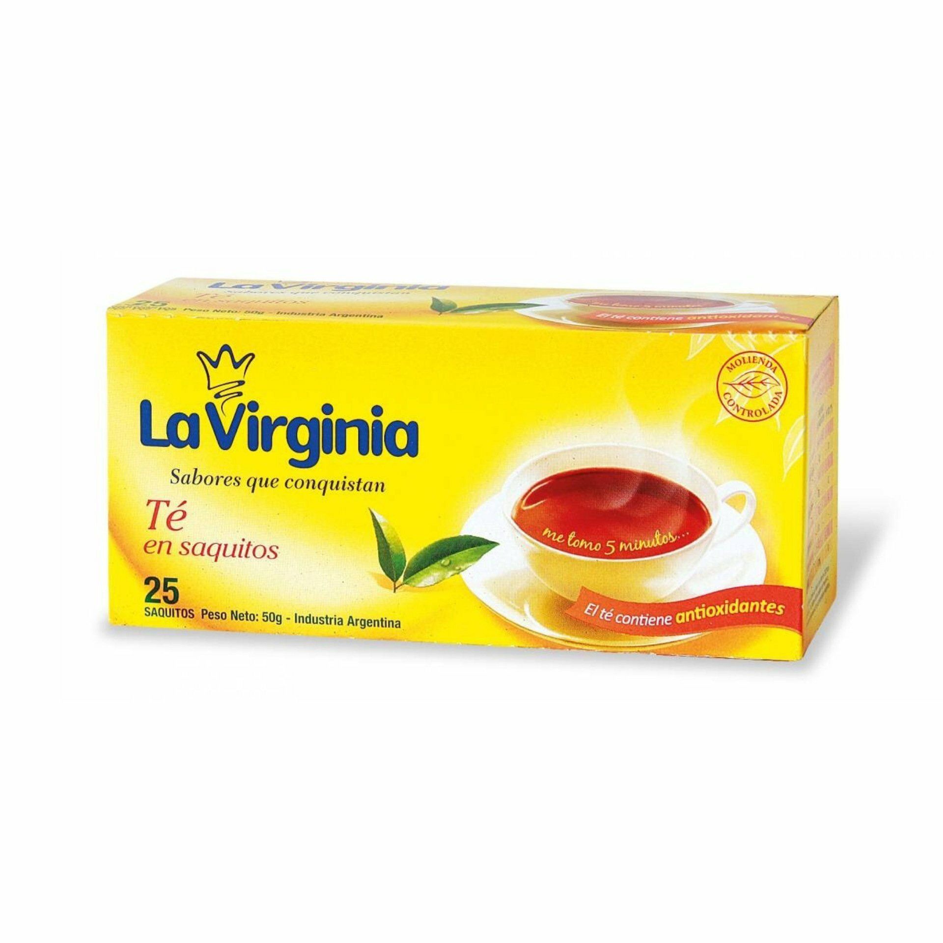 Caja amarilla de té La Virginia en saquitos, con taza de té y hojas verdes.
