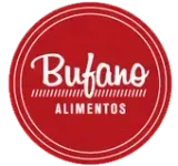 Logotipo circular rojo con las palabras “Bufano Alimentos” en texto blanco.