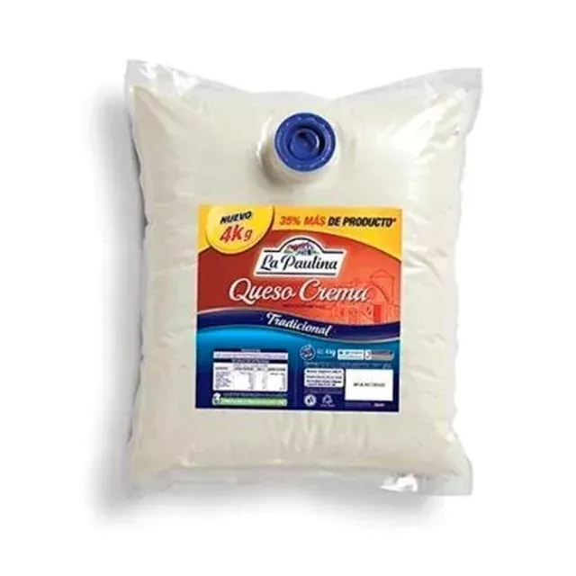 Bolsa de queso crema La Vaquita, 4 kg, con tapa azul sobre fondo blanco.