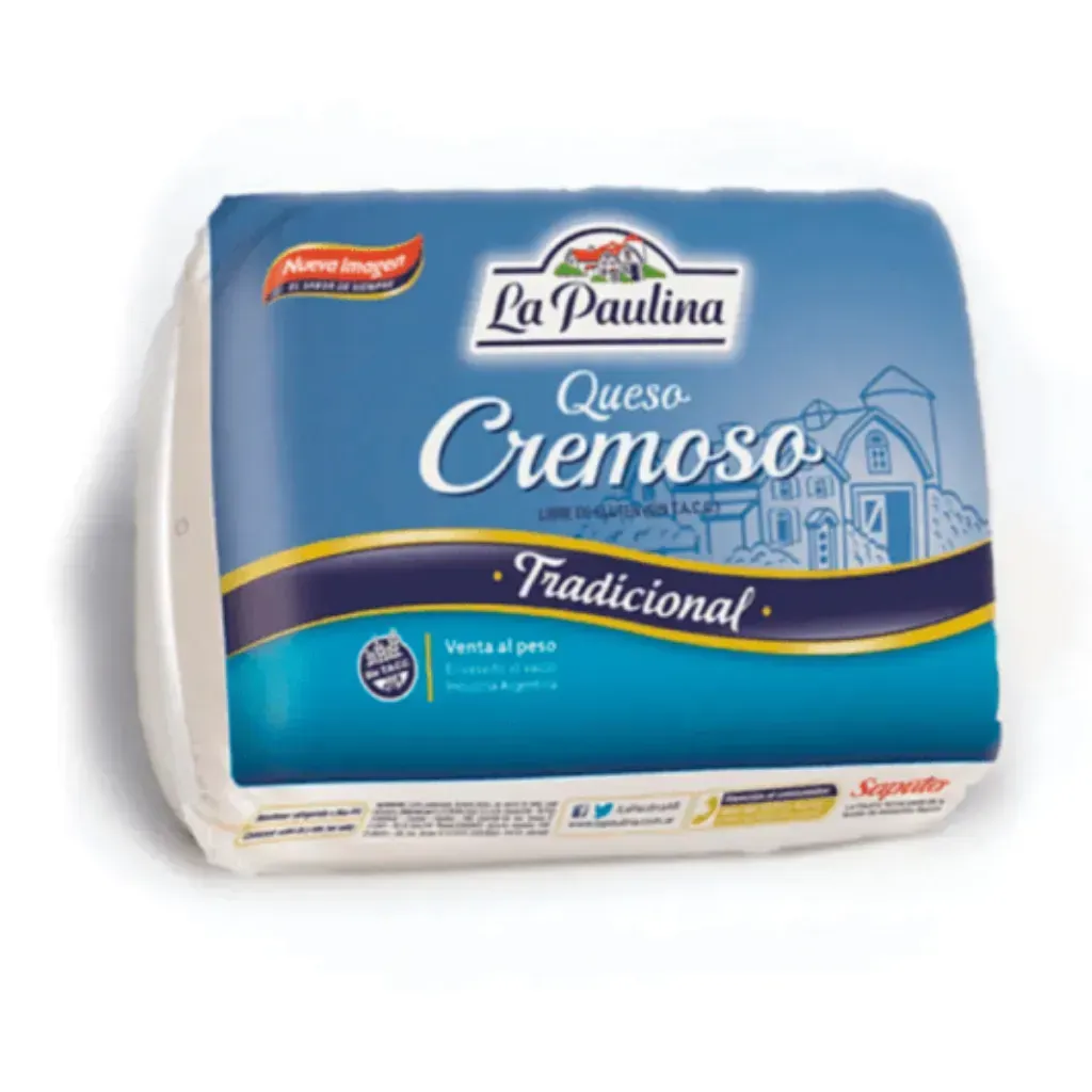 La Paulina Queijo Cremoso Tradicional, bloque de queso envasado azul y blanco