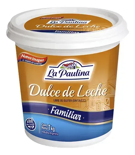 La Paulina Dulce de Leche Familiar en un envase de plástico blanco y azul.