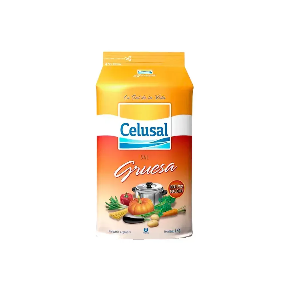 Bolsa de sal de cocina Celusal Gruesa con tapa amarilla y etiqueta rojo-anaranjada.