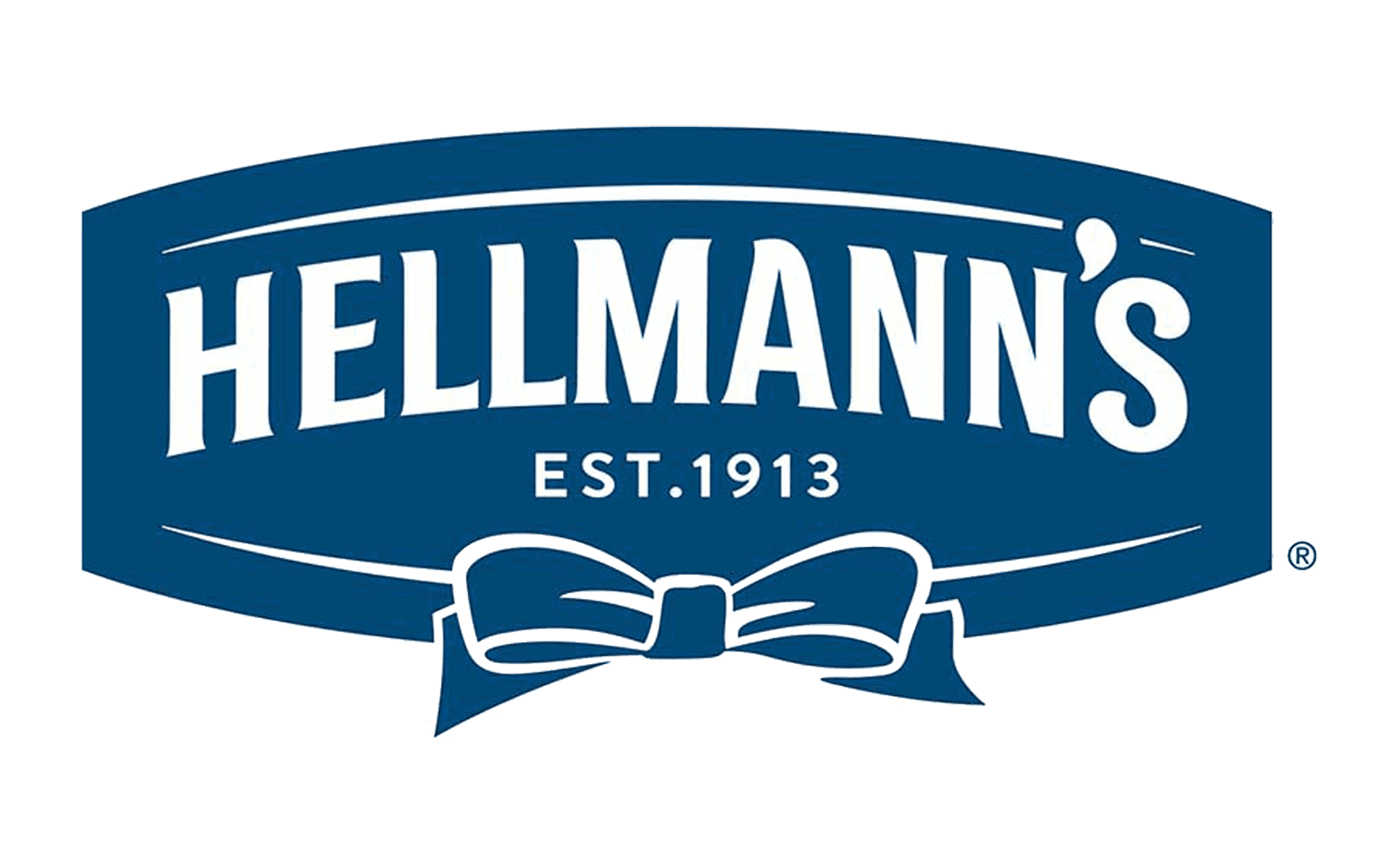 Logotipo de Hellmann's en blanco sobre una pancarta azul con la inscripción "Est. 1913" y un lazo debajo.
