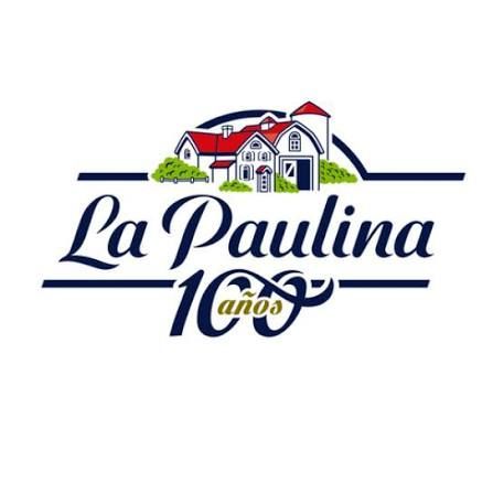 Logotipo de La Paulina 100 años con una ilustración de una casa en rojo, azul, verde y blanco.