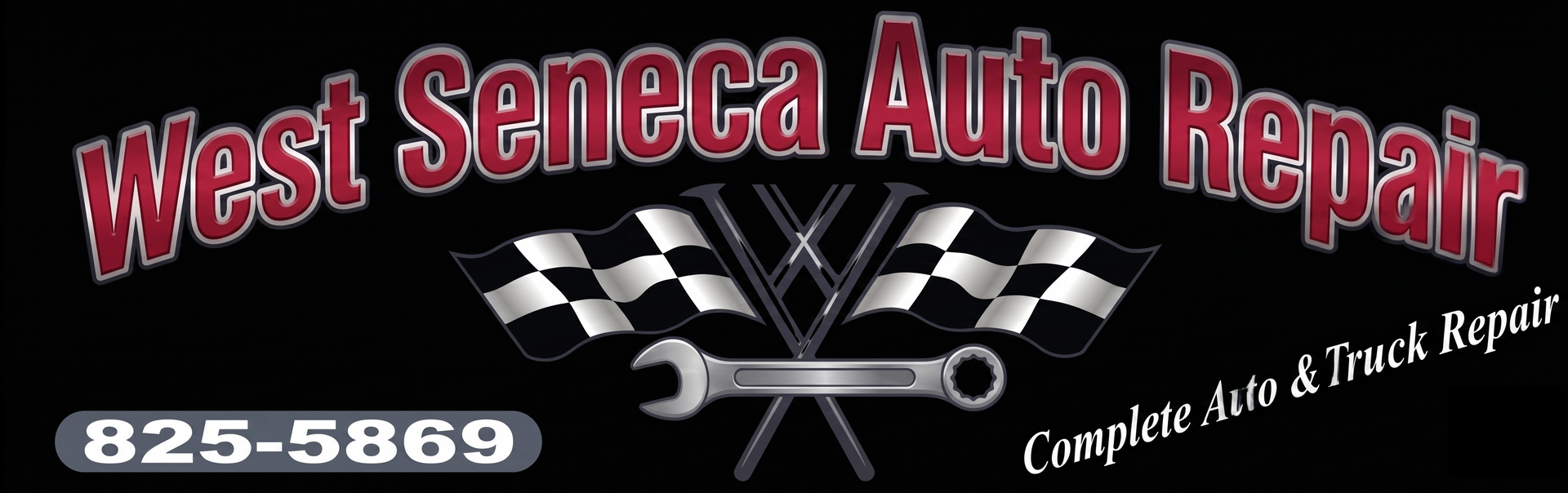 West Seneca Auto Repair logo with checkered flags and phone number 825-5869 on black background