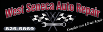 West Seneca Auto Repair logo with checkered flags and phone number 825-5869 on black background