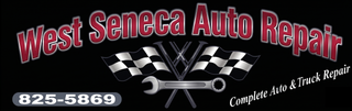 West Seneca Auto Repair logo with checkered flags and phone number 825-5869 on black background