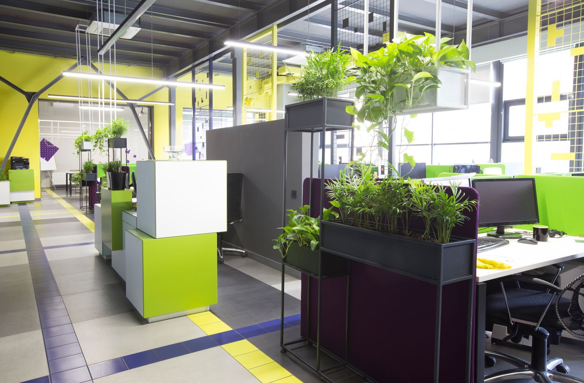 Open space interior with green plants and places for workers. Open space interior with green plants and places for workers.