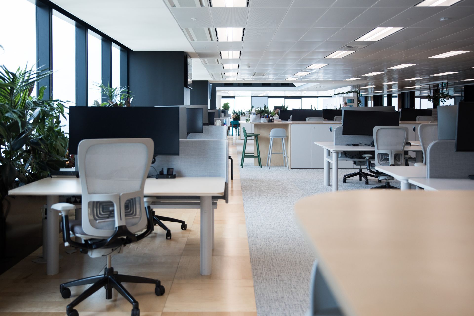 Modern flexible office workspace interior fitout with rows of desk chairs and computer stations.
